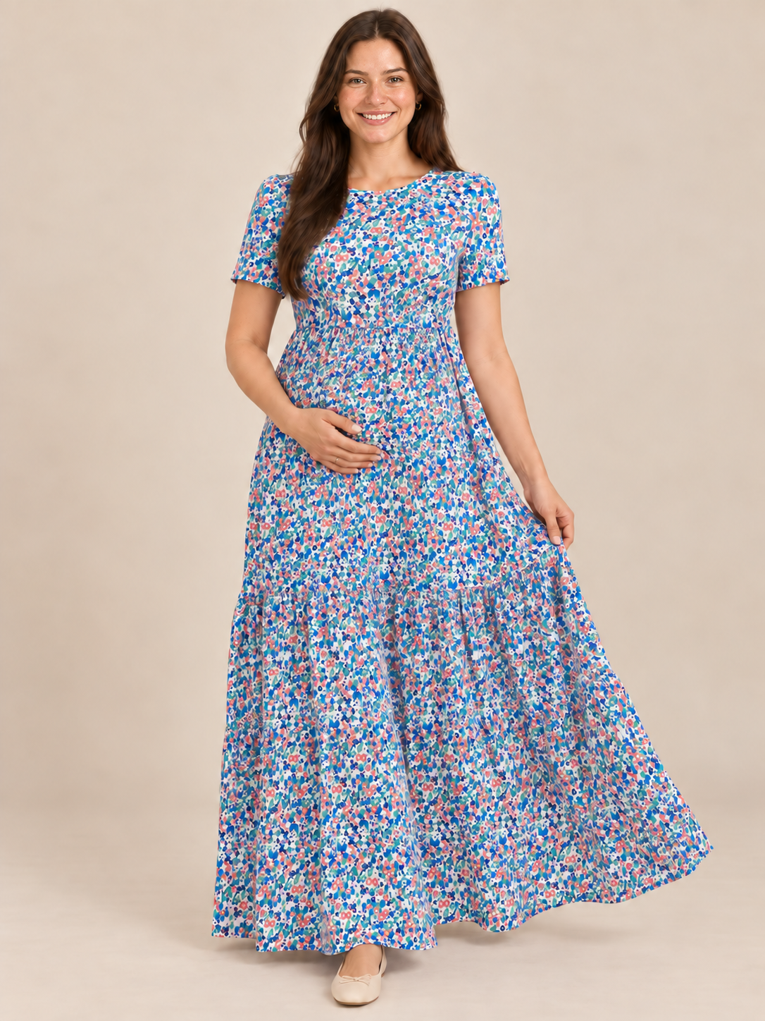 Fleur Blue Floral maternity dress — tiered skirt and hem detail