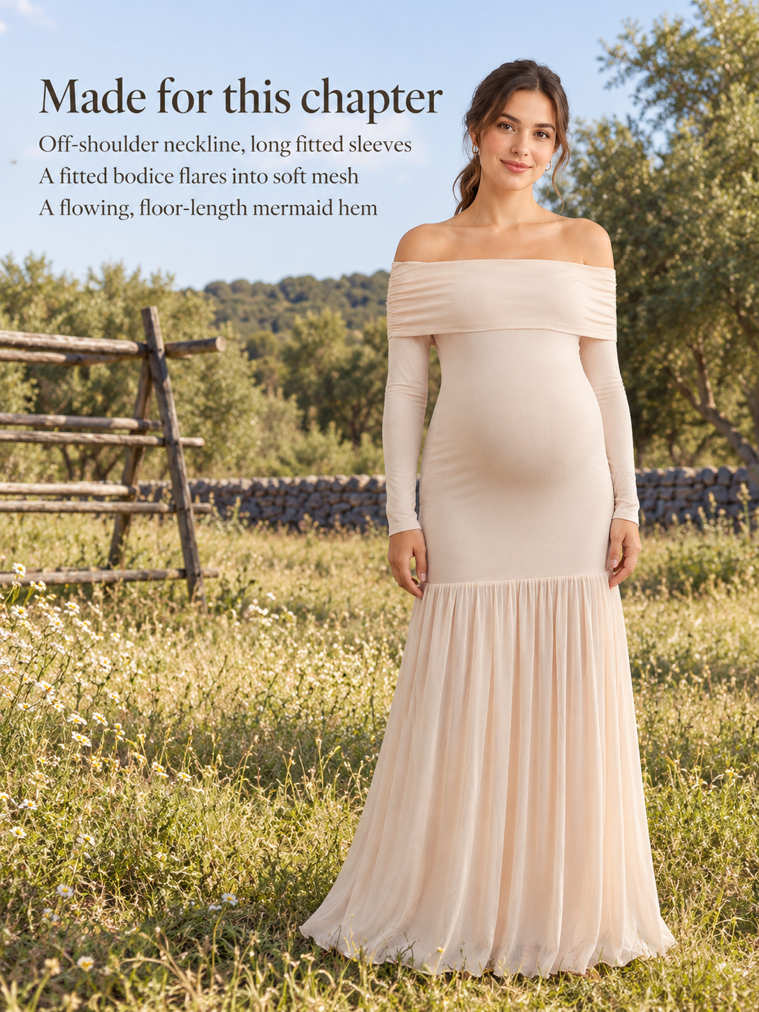 Gabrielle Champagne Beige maternity dress — standing full length in a sunlit grassy field