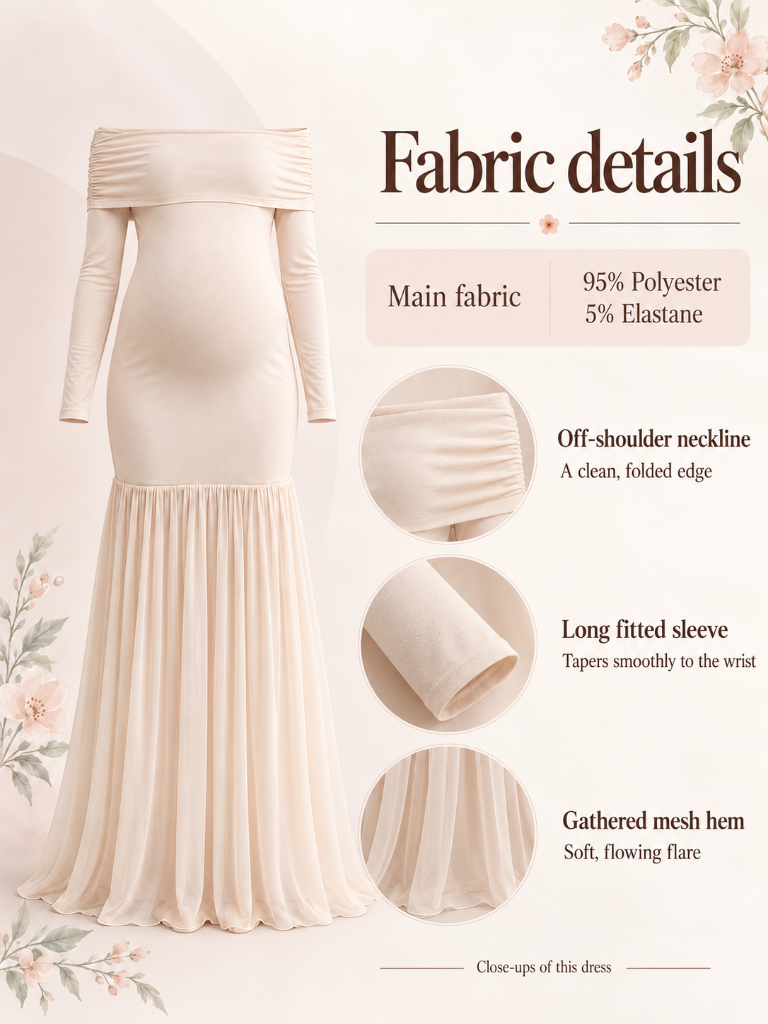 Gabrielle Champagne Beige maternity dress — fabric close-ups of the off-shoulder neckline, sleeve and mesh hem