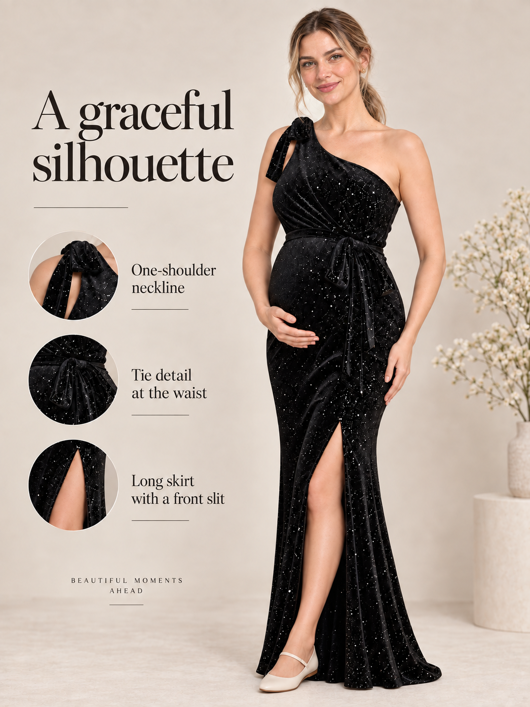 Ines Black maternity dress — full-length view with callouts for the neckline, waist tie and slit