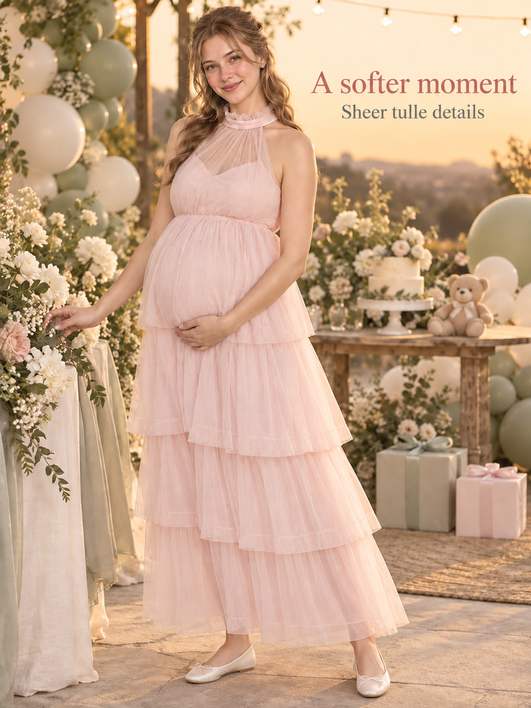 Isaline Pink maternity dress — fabric detail in soft light