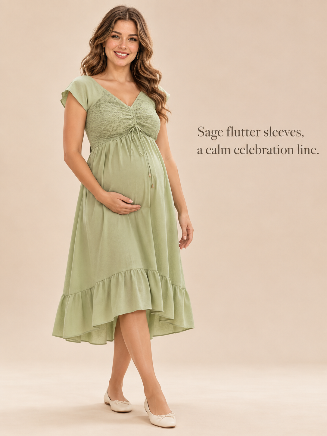 Juniper Sage Green maternity dress — full silhouette with flutter sleeves in a studio portrait