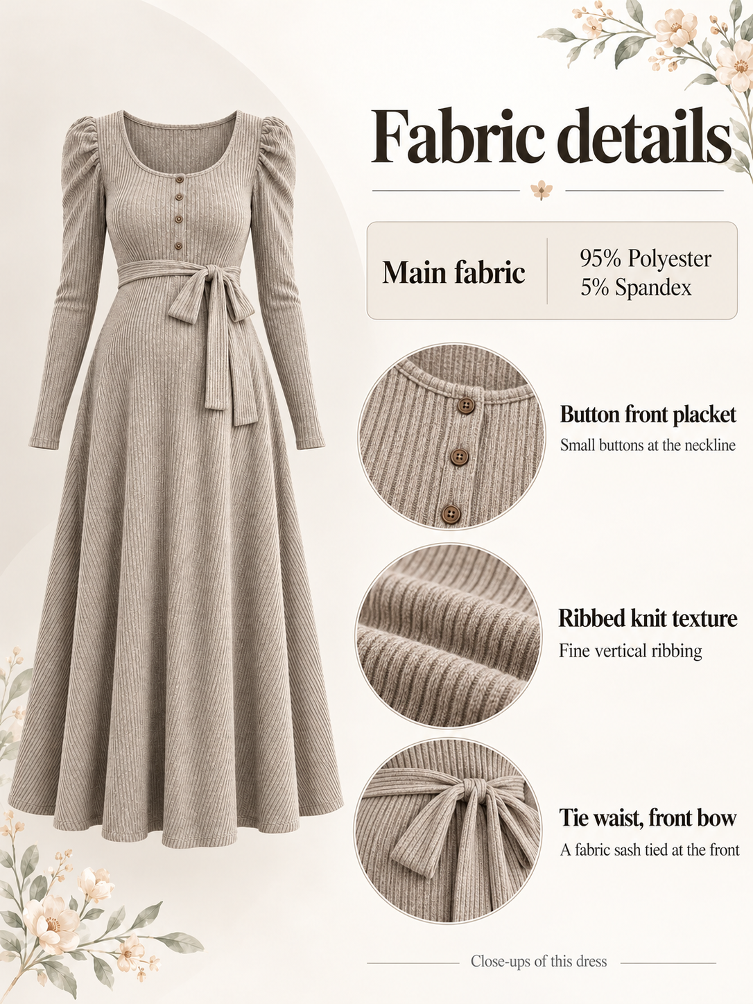 Laurel Oatmeal maternity dress — fabric close-ups of the button placket, ribbed knit and front-tied waist