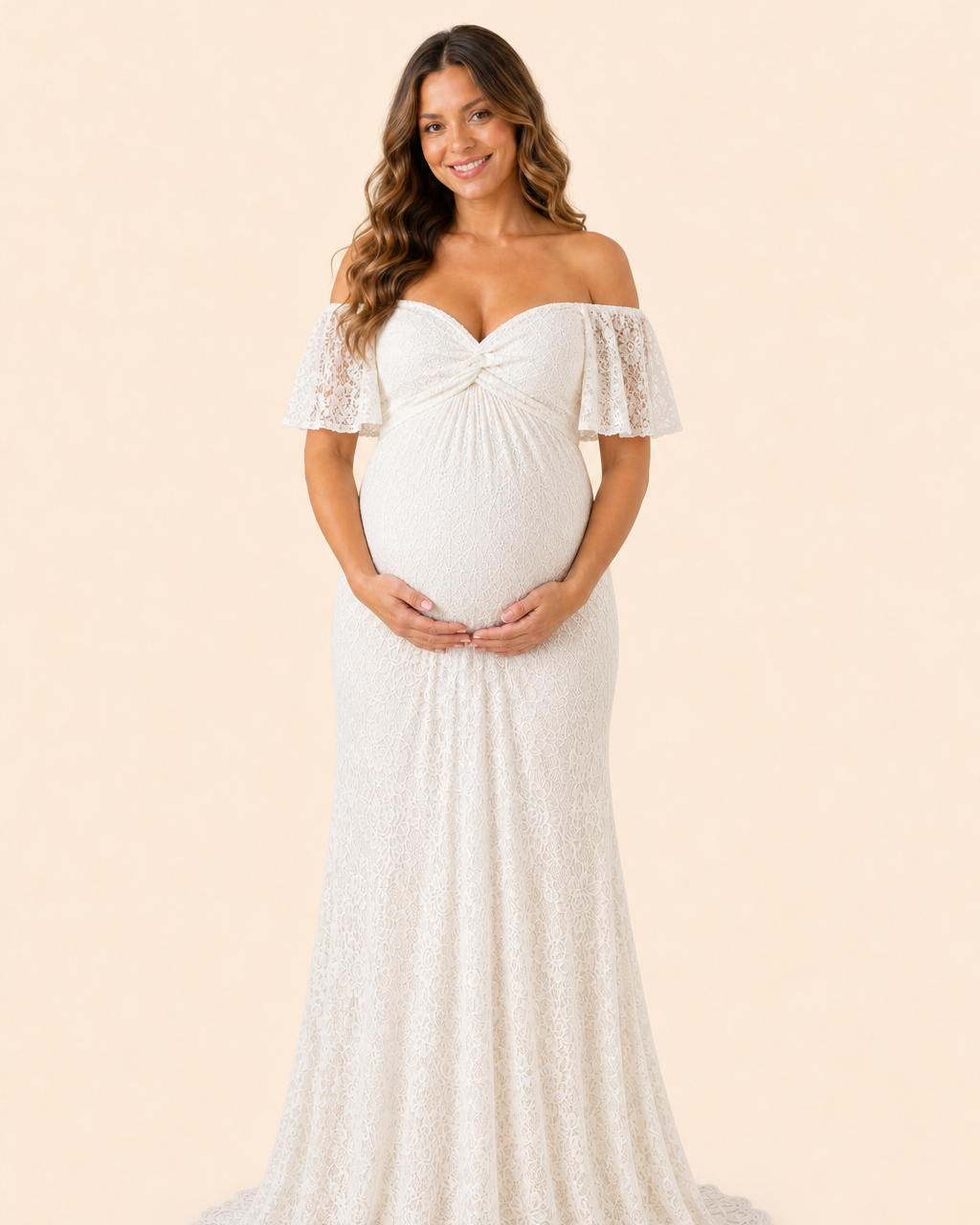 Front standing, off-shoulder, cream studio