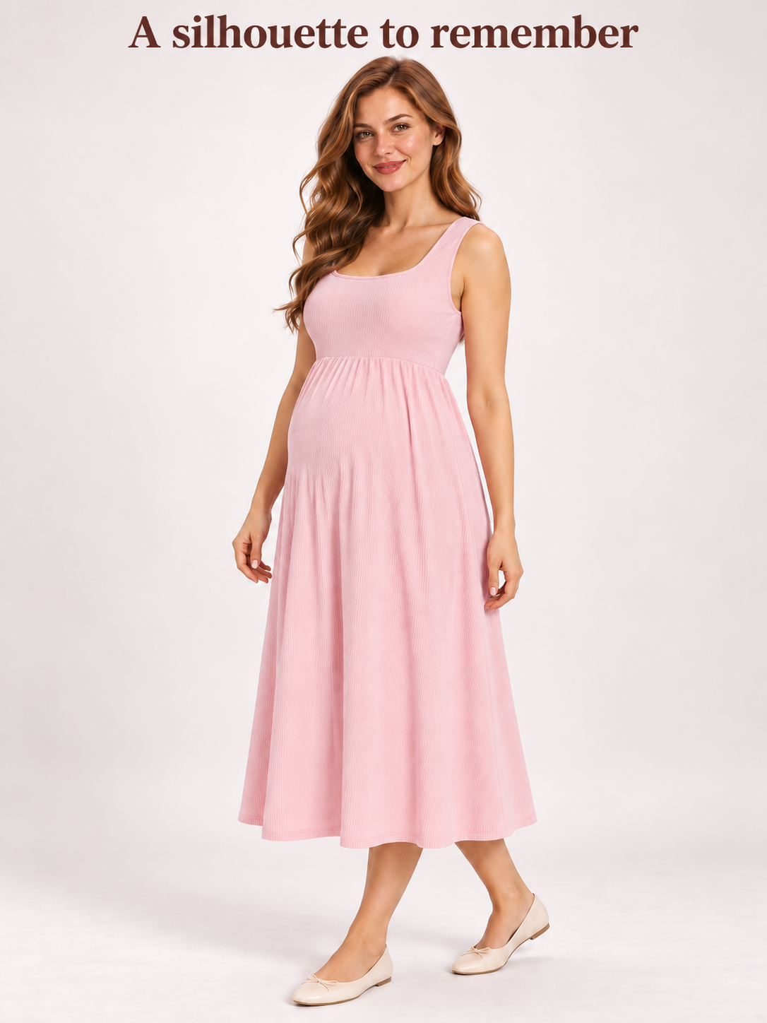 Marcella Blush Pink maternity dress — full-length studio view of the high waist and A-line skirt