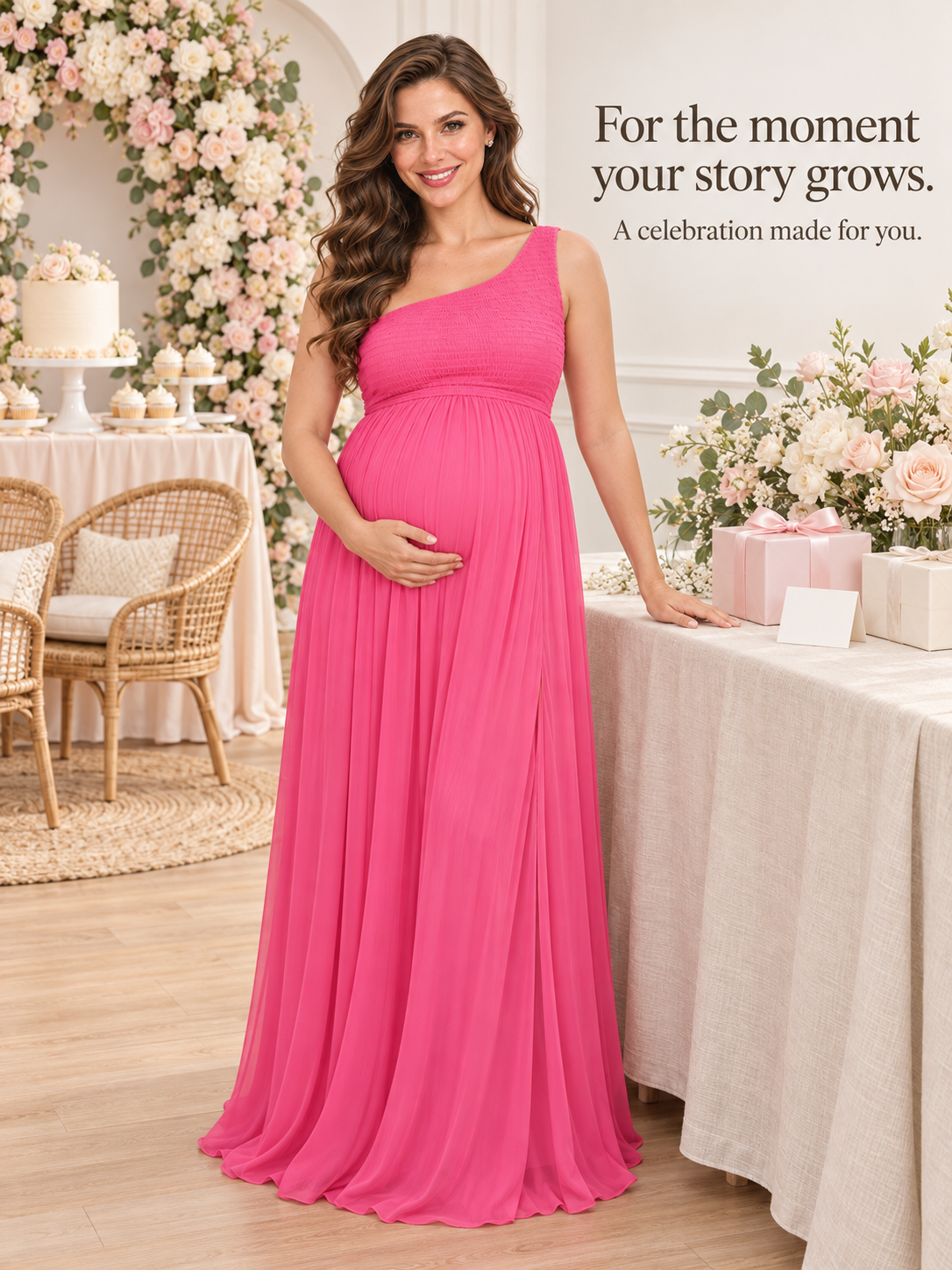 Ophelia Hot Pink maternity dress — standing beside a baby shower gift table