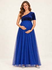 Rosalie Royal Blue maternity dress — front view of the one-shoulder sequin bodice and full tulle skirt
