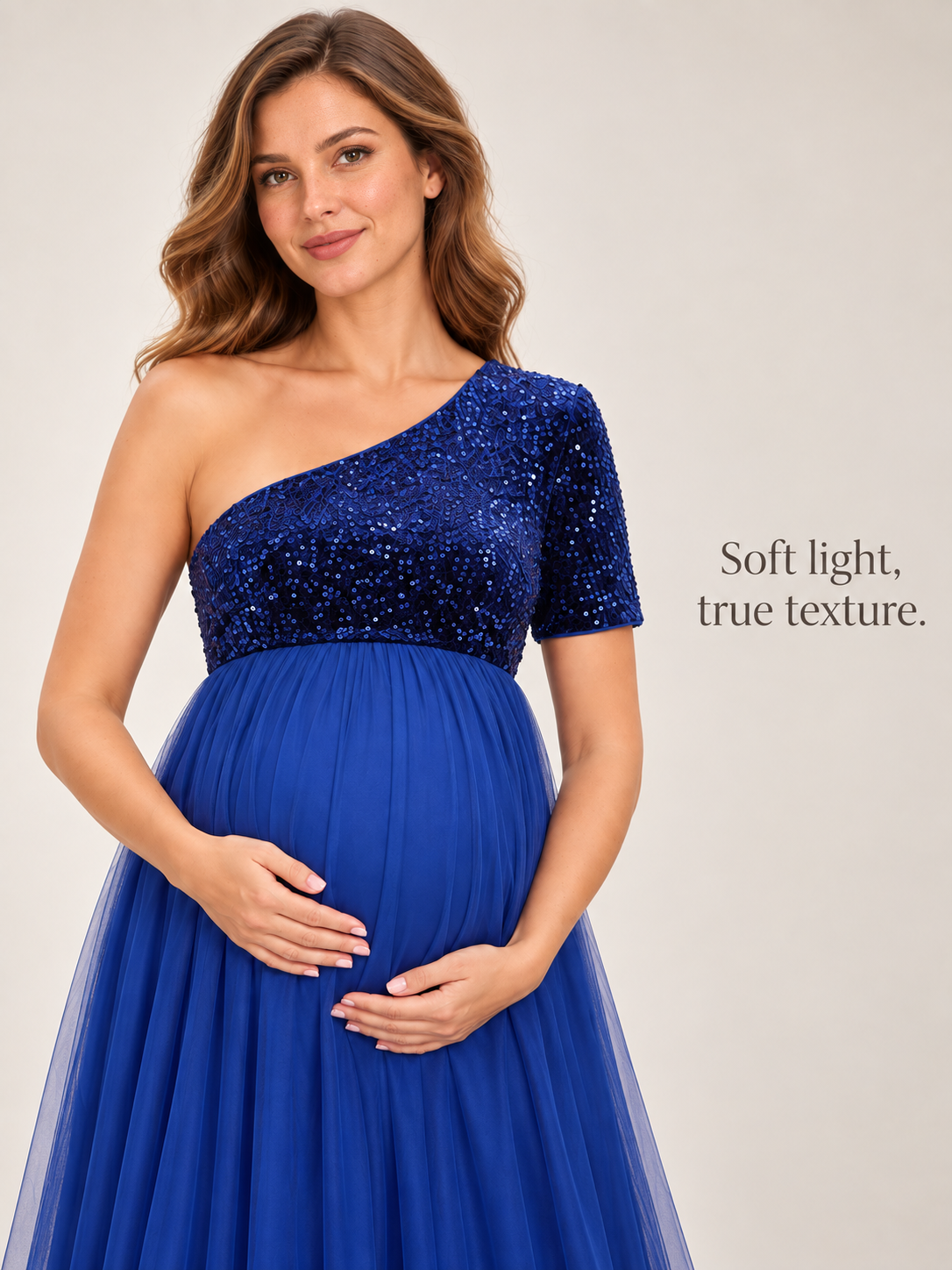 Rosalie Royal Blue maternity dress — sequin bodice and tulle skirt in soft studio light