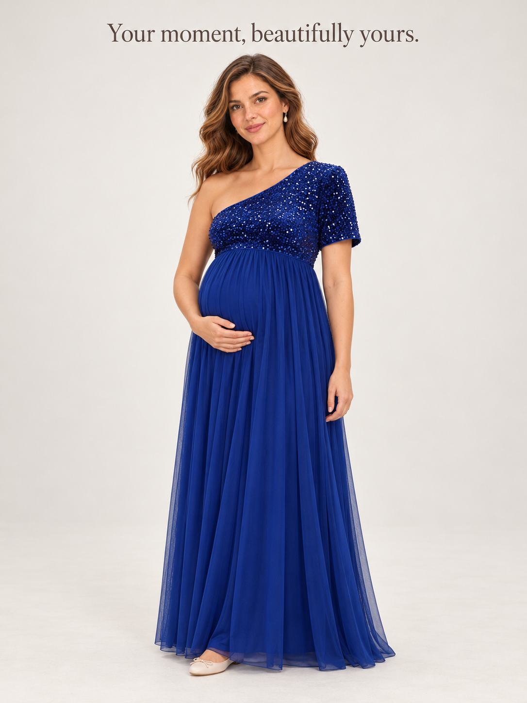 Rosalie Royal Blue maternity dress — standing portrait against a plain studio backdrop