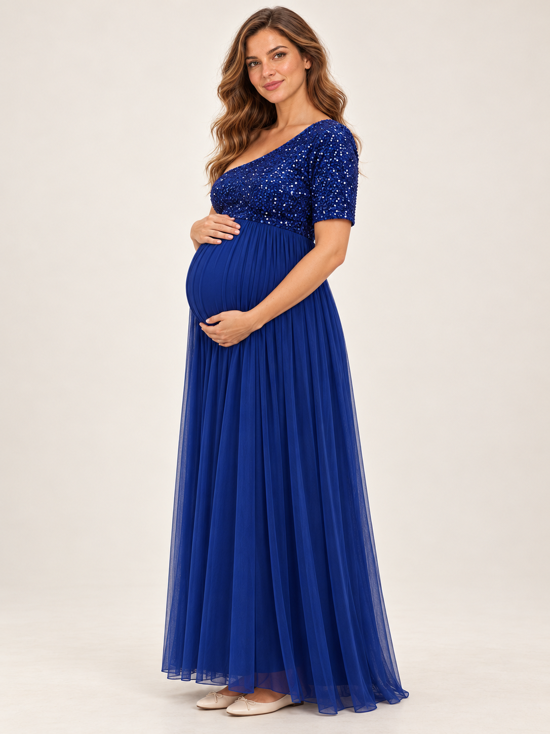 Rosalie Royal Blue maternity dress — side view of the high waist over the baby bump