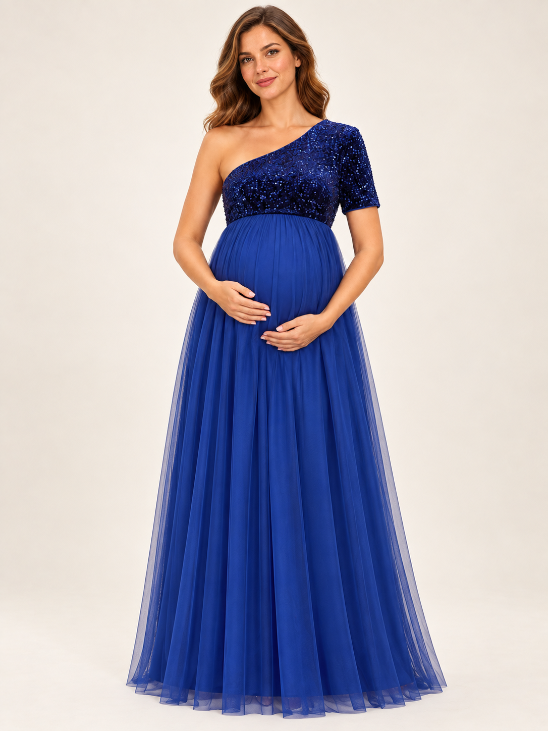 Rosalie Royal Blue maternity dress — full-length front view of the gathered tulle skirt