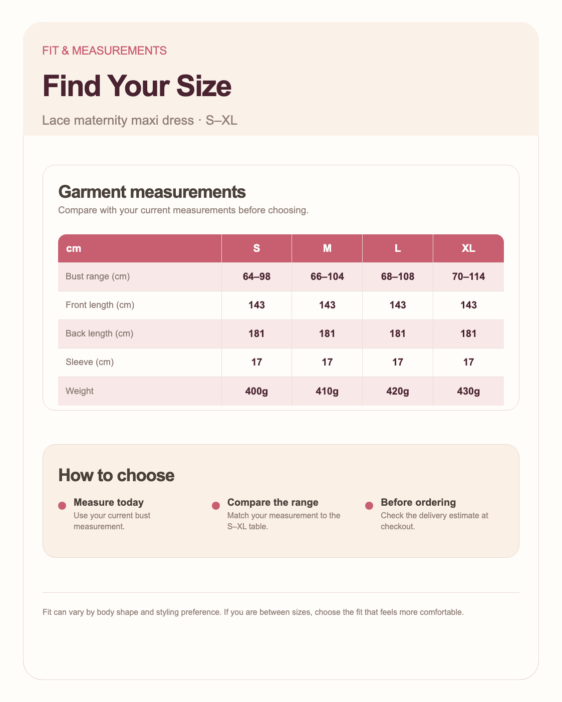 Elowen maternity dress size chart for sizes S, M, L and XL, with bust, under-bust and garment-length measurements